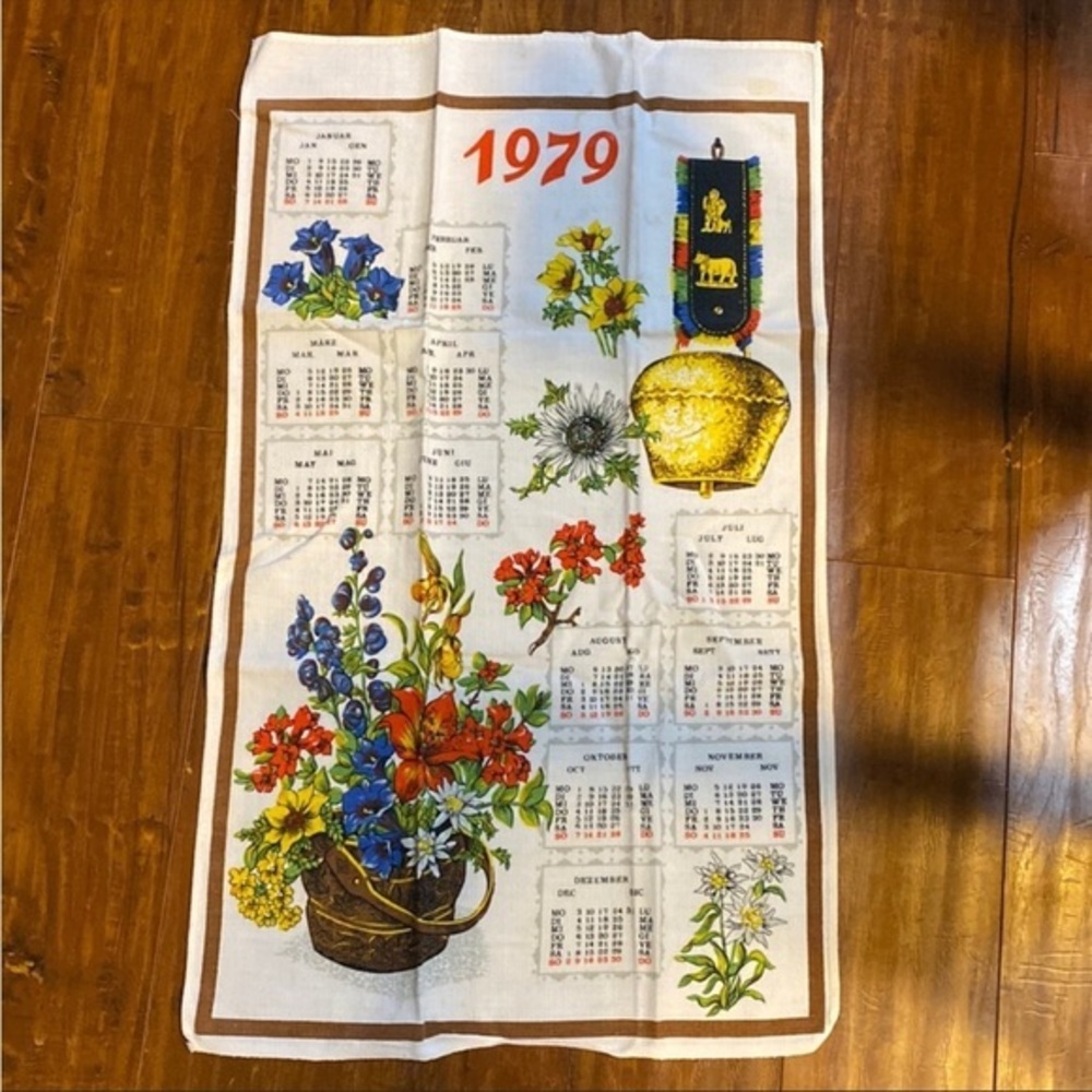 Vintage 1979 Floral Calendar Tea Towel European Cottagecore Kitchen Linen